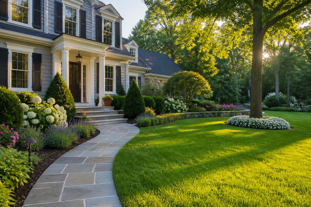 Manicured New England front lawn with bluestone walkway and flower beds